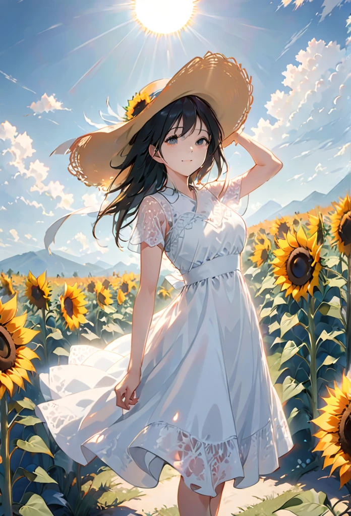 send,1 Girl,Solitary, (White lace dress:1.2),floating dress (Sun hat:1.2), Sunflower fields, under the sun, A faint smile,looking at the audience, wind, Dynamic, Strong light and shadow,Dynamic pose,