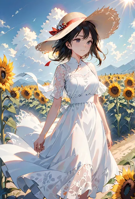 send,1 girl,solitary, (white lace dress:1.2),floating dress (sun hat:1.2), sunflower fields, under the sun, a faint smile,lookin...