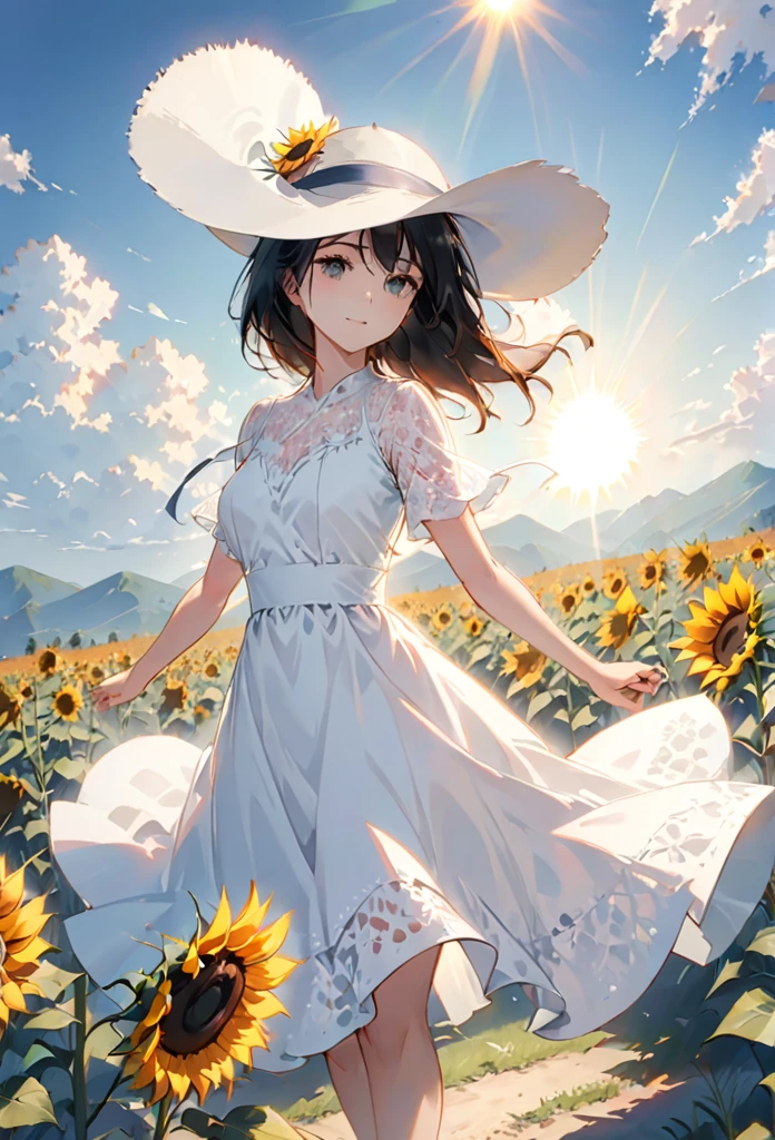 send,1 Girl,Solitary, (White lace dress:1.2),floating dress (Sun hat:1.2), Sunflower fields, under the sun, A faint smile,looking at the audience, wind, Dynamic, Strong light and shadow,Dynamic pose,