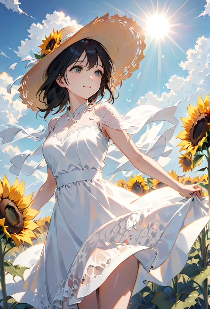 send,1 Girl,Solitary, (White lace dress:1.2),floating dress (Sun hat:1.2), Sunflower fields, under the sun, A faint smile,looking at the audience, wind, Dynamic, Strong light and shadow,Dynamic pose,