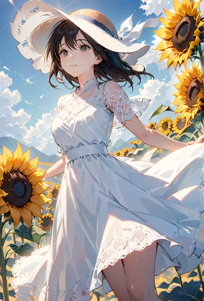 send,1 Girl,Solitary, (White lace dress:1.2),floating dress (Sun hat:1.2), Sunflower fields, under the sun, A faint smile,looking at the audience, wind, Dynamic, Strong light and shadow,Dynamic pose,