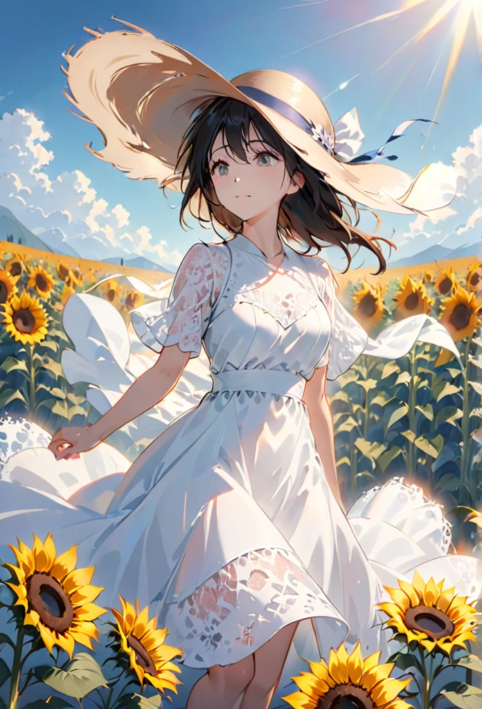 send,1 Girl,Solitary, (White lace dress:1.2),floating dress (Sun hat:1.2), Sunflower fields, under the sun, A faint smile,looking at the audience, wind, Dynamic, Strong light and shadow,Dynamic pose,