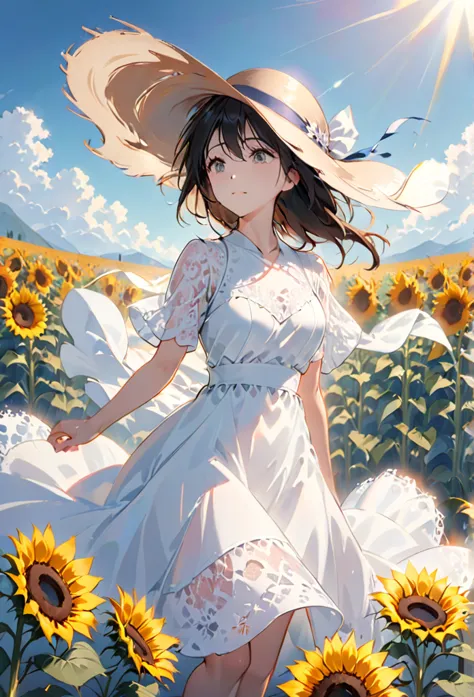 send,1 girl,solitary, (white lace dress:1.2),floating dress (sun hat:1.2), sunflower fields, under the sun, a faint smile,lookin...