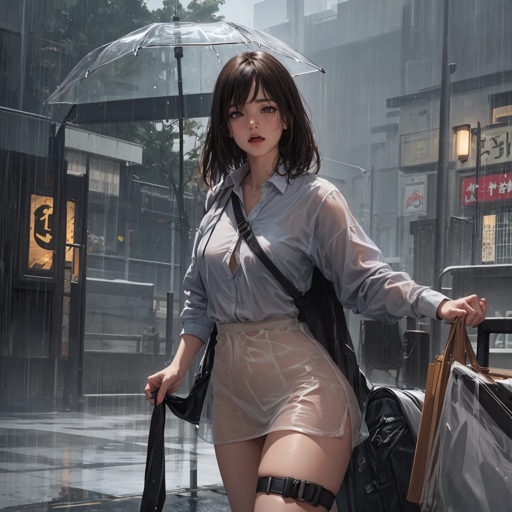 masterpiece, absurd, Ultra-high resolution,(Photo-realistic:1.4),1 girl,laughing out loud, No.18,Medium breasts,Brown medium-length hair, ((Heavy rain, FOG, wet, see through)),(Blue High School,nounderwear),School entrance,A woman holding an adult toy, Squirming under Tobikko&#39;s remote control,The crotch is dripping with intoxicating, which is coating the underwear and inner thighs.She blushed and looked at me.,underwear,city View,