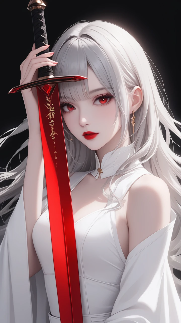 highest quality、masterpiece、1 girl、black background、gray hair:1.5、red eyes、red lips、white clothes、Black and white world、Black and white world、pale skin、side blade