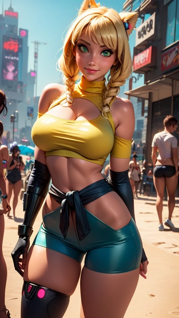 1 girl, smile face, ((Cyberpunk armor)), bodysuit, outdoor, beach, ocean, green eyes, furry female, bottomheavy, thick thighs, massive thighs, hyper thighs, microwaist, yellow shirt off shoulder navel pants sweater around waist fingerless gloves