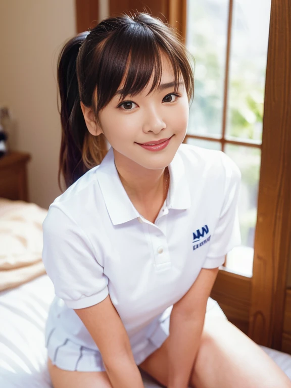 (Masterpiece, Best quality:1.4), (Ultra realistic, Photo-realistic:1.2), Full body, (kneeling:1.2), Looking at viewer, Natural light, 25 years old actress, Japanese women, (arms behind back: 1.2), Neat and clean, (White sexy tennis uniform, White short-sleeve polo shirt with darknavy line collar:1.2), (unbutton:1.3), (White tennis skirt:1.1), (Short wavy ponytail:1.2), Short wavy hair, Light brown hair color, (Beautiful Face), Oval face, clear, (Beautiful eyes, Kind eyes), (Clear skin), Small face, (Small mouth, Beautiful mouth), Natural makeup, Approachable, Luxury hotel Suite room, On bed, (nsfw:1.1), Seductive smile, (Seductive pose:1.2), (Beautiful thighs:1.1), Bedroom eyes,