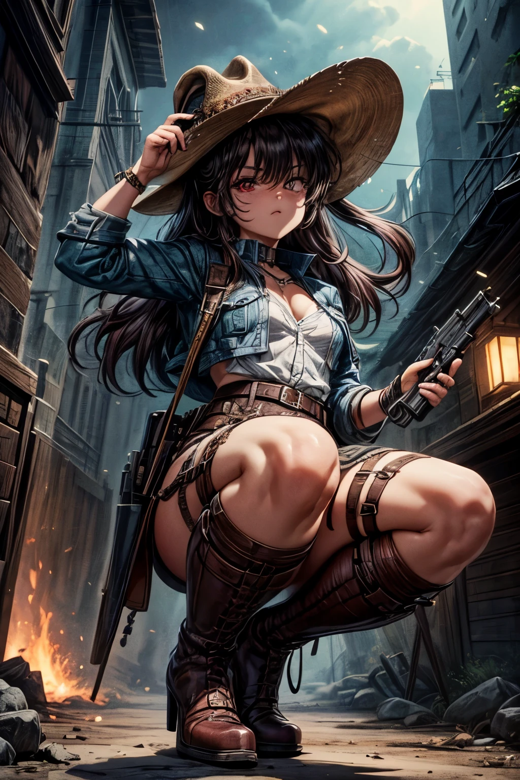 1girl, wild west setting, girl wears wild west Indiana Jones outfit, high boots, cowboy hat, armed with a gun, small breats, detailed face, combat stance, mean look, highly detailed, vibrant appearance, creative behavior, extremly detailed, imaginative, , spontaneous, highest quality, skin texture, intricate details, (cinematic lighting), RAW photo, 8k, masterpiece,best quality,ultra-detailed,very detailed illustrations,extremely detailed,intricate details,highres,super complex details,extremely detailed 8k cg wallpaper,