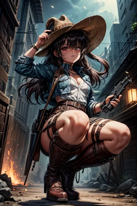 1girl, wild west setting, girl wears wild west indiana jones outfit, high boots, cowboy hat, armed with a gun, small breats, det...