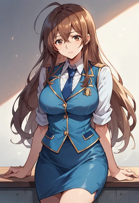 ida nana,railwars!,brown hair,brown eyes,long hair,mature female,uniform, blue vest, necktie, blue skirt,pencil skirt