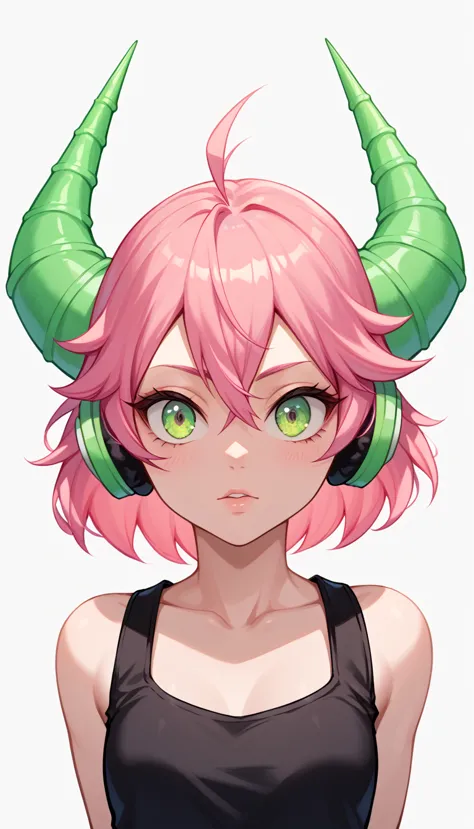 young woman, upper body, big head, bright pink hair, acid green headphones, acid green horns, black clothes, simple background