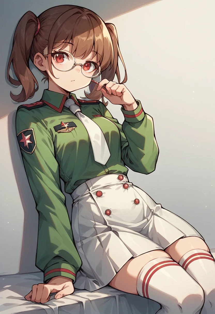 Prim_snowlight,brown hair,twin tail,glasses,red eyes,military uniform, white necktie, green shirts, long sleeves, white skirt, thighhighs