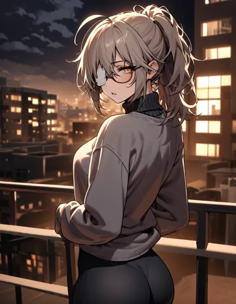 mature, golden eyes, looking at viewer, female, apartment background, messy hair, grey shoulder-length hair, ponytail, parted li...