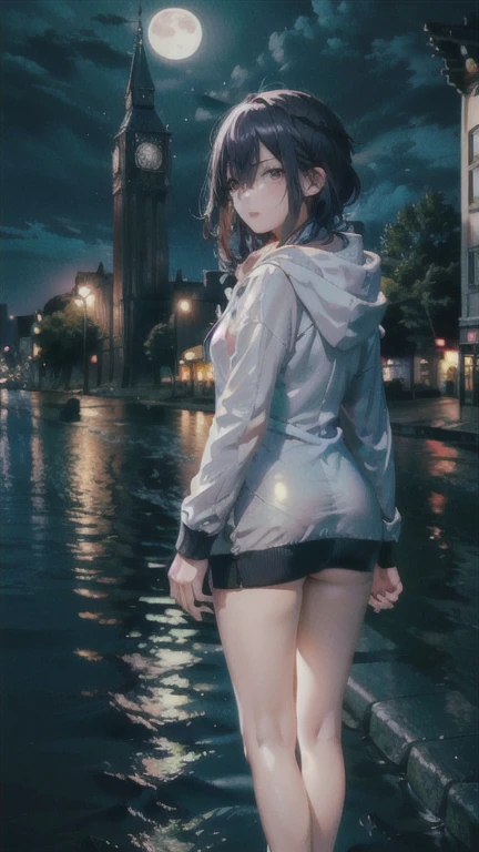 (high resolution),One girl,(Standing by the water),(European cityscape),Look back,whole body,silhouette,night,full moon,(Moonlit streetscape),(In front of the road to the clock tower),(Girl in the distance),Grey hoodie,(Wearing a hood)