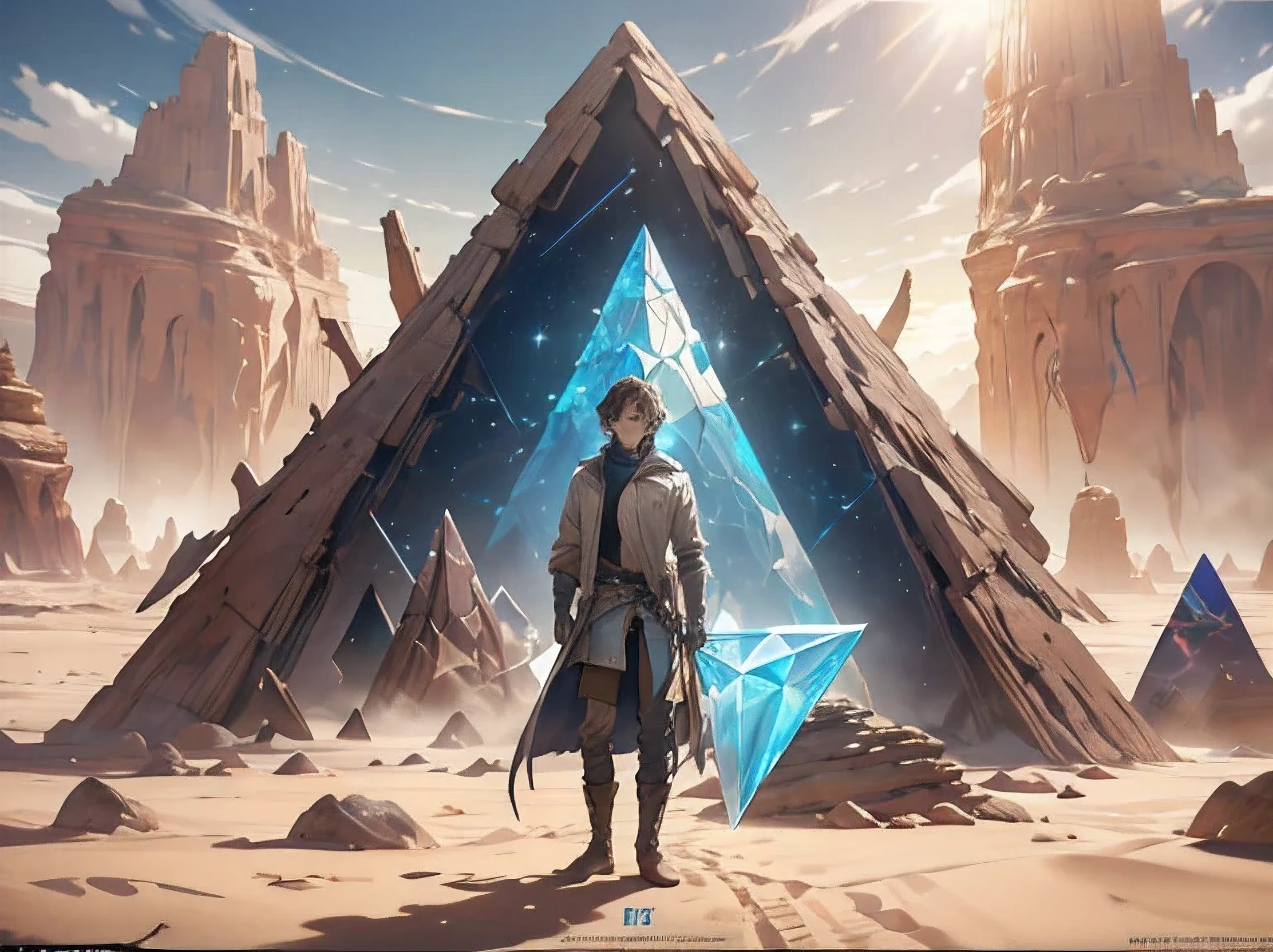 there is a man standing in the desert with a large object, full of glass. cgsociety, magical crystals, still frame from a movie, inspired by Louis Mathieu Verdilhan, album art for a trance dj, the rift, triangle shards, cinematic lens flare, connectedness, [ shards, 4 dimensions