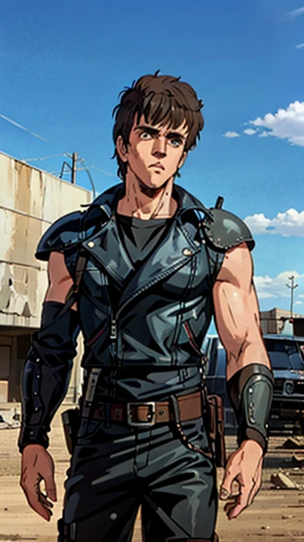 (Teens:1male: Madmax), (extremely detailed CG unit 8k wallpaper),(master part), (best quality), (ultra detail), (best illustration),(post-apocalypic_fashion), cowboy shot, (Sharp eyeliner, ombre, detailed eyes:1), post- apocalypic abandoned building background, ,break , (HNKstyle), upper body,