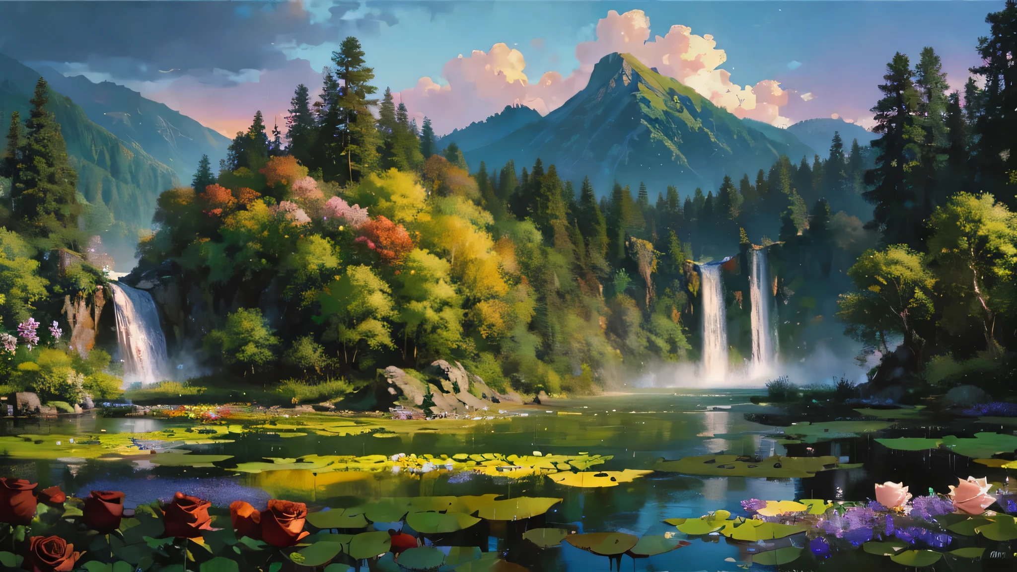 There is a big waterfall in the middle of the mountain., An ancient city embedded in mountain rock, amazing matte painting of an island, The Lost City of Atlantis. sunset, dark sky with red sunset clouds,  Fog in the forest, Waterfall flows into the pond, Pond with garden, Pond flowers and water lilies, Iwahashi, amazing landscape, oilアート, Watercolor, Pond lanterns, Blurred ancient city on distant mountain, Fantasy, Art Station Trends, CGsociety Trends, Complex, Attention to detail, dramatic, Art on the way, tall It rains, painting of a River with rocks and trees in the foreground , Near the river, landscape, Dense forest, It rains, Crystal clear water, Night Light, colorful, River with rocks, Iwahashi, amazing, Fantasy, ((Roses and flowers by the pond) ), ((oil)),  ((Iwahashi))