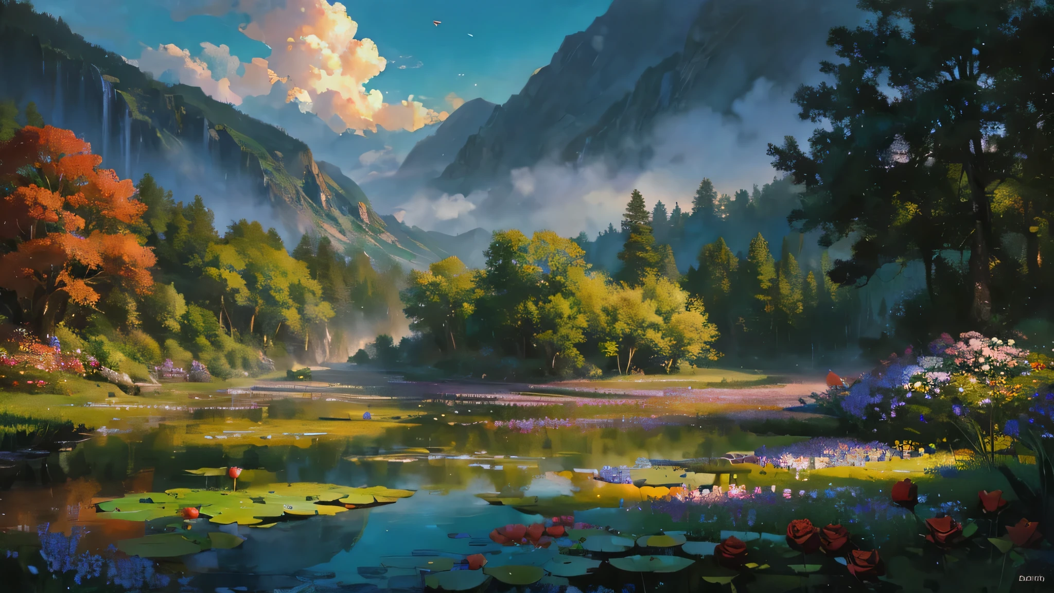 There is a big waterfall in the middle of the mountain., An ancient city embedded in mountain rock, amazing matte painting of an island, The Lost City of Atlantis. sunset, dark sky with red sunset clouds,  Fog in the forest, Waterfall flows into the pond, Pond with garden, Pond flowers and water lilies, Iwahashi, amazing landscape, oilアート, Watercolor, Pond lanterns, Blurred ancient city on distant mountain, Fantasy, Art Station Trends, CGsociety Trends, Complex, Attention to detail, dramatic, Art on the way, tall It rains, painting of a River with rocks and trees in the foreground , Near the river, landscape, Dense forest, It rains, Crystal clear water, Night Light, colorful, River with rocks, Iwahashi, amazing, Fantasy, ((Roses and flowers by the pond) ), ((oil)),  ((Iwahashi))