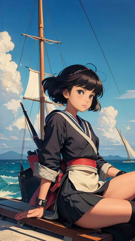 Rafael de Penagos, NekoshowguN, Arthur Rackham, Satomi Ichikawa, Tatsuro Kiuchi, Syd Mead, Surrealism, wonder, strange, fantastical, fantasy, Sci-fi, Japanese anime, a beautiful high school girl in a miniskirt who sails on a small boat in the ocean of books, perfect voluminous body, detailed masterpiece 