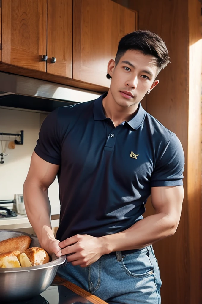 (armface:1.3) , Handsome young man standing, (have a mustache:0.8) , (short hair:1.2), The forearms are muscular., (Navy polo shirt:1.2),Jeans, Big muscles, Handsome and muscular, full body angle, (kitchen:1.1), (nighttime:1.3), Neon lights,  natural light 