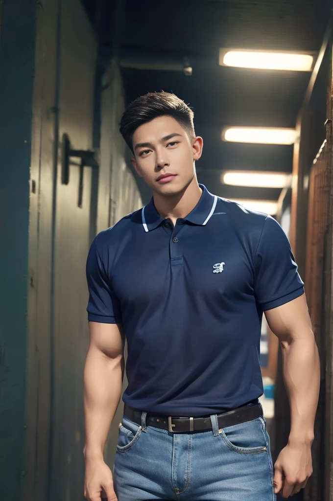 (armface:1.3) , Handsome young man standing, (have a mustache:0.8) , (short hair:1.2), The forearms are muscular., (Blue polo shirt:1.2), Jeans, Big muscles, Handsome and muscular, full body angle, (market:1.1),  (nighttime:1.3), Neon lights