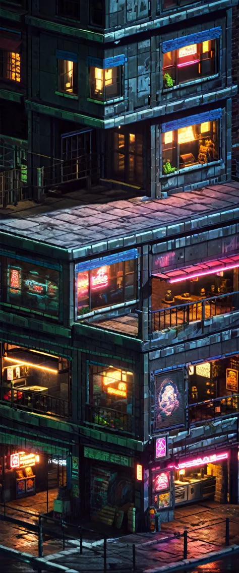 8k, masterpiece, best quality, hyper detailed, pixelart, dystopian cyberpunk city, metroidvania game map, intricate architecture...