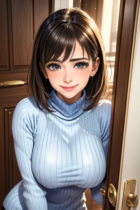 /(modern house interior/), only one woman, mature woman, /(blue ribbed sweater/), bangs, kind, blushed smile, (top quality maste...