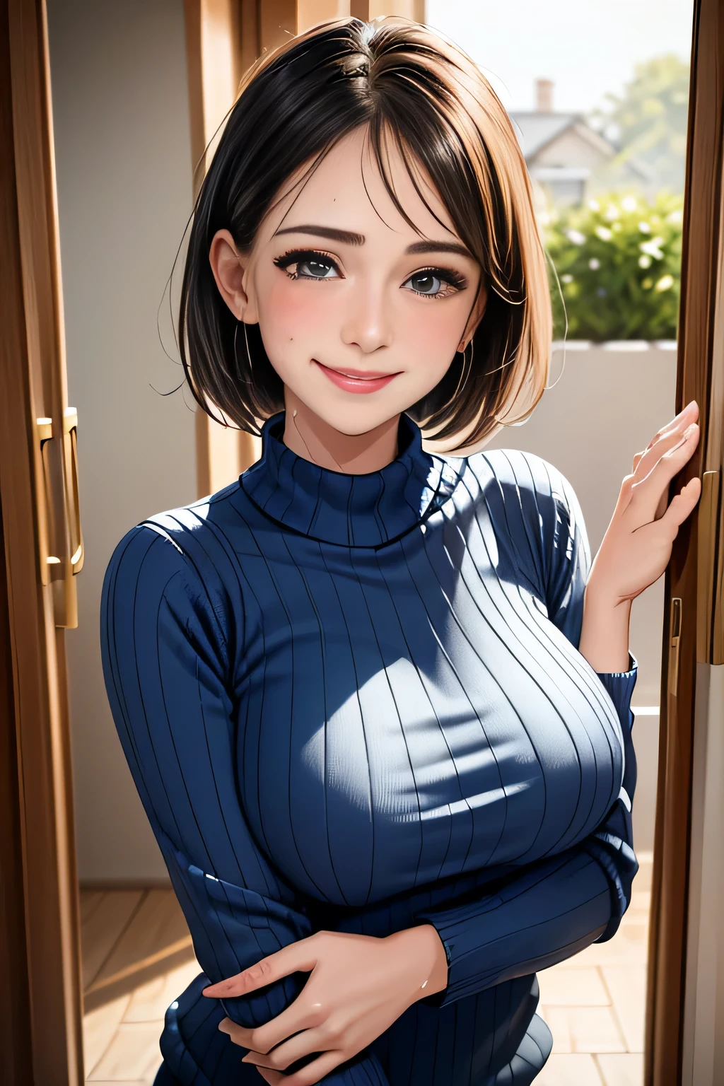 /(Modern house interior/), Only One Woman, Mature Woman, /(blue ribbed Sweater/), bangs, kind, Blushed Smile, (Top quality masterpiece:1.2) Delicate illustrations, Very detailed, Large Breasts、((Sweat,vapor))、In front of the entrance door、visit、(Full Shot)),