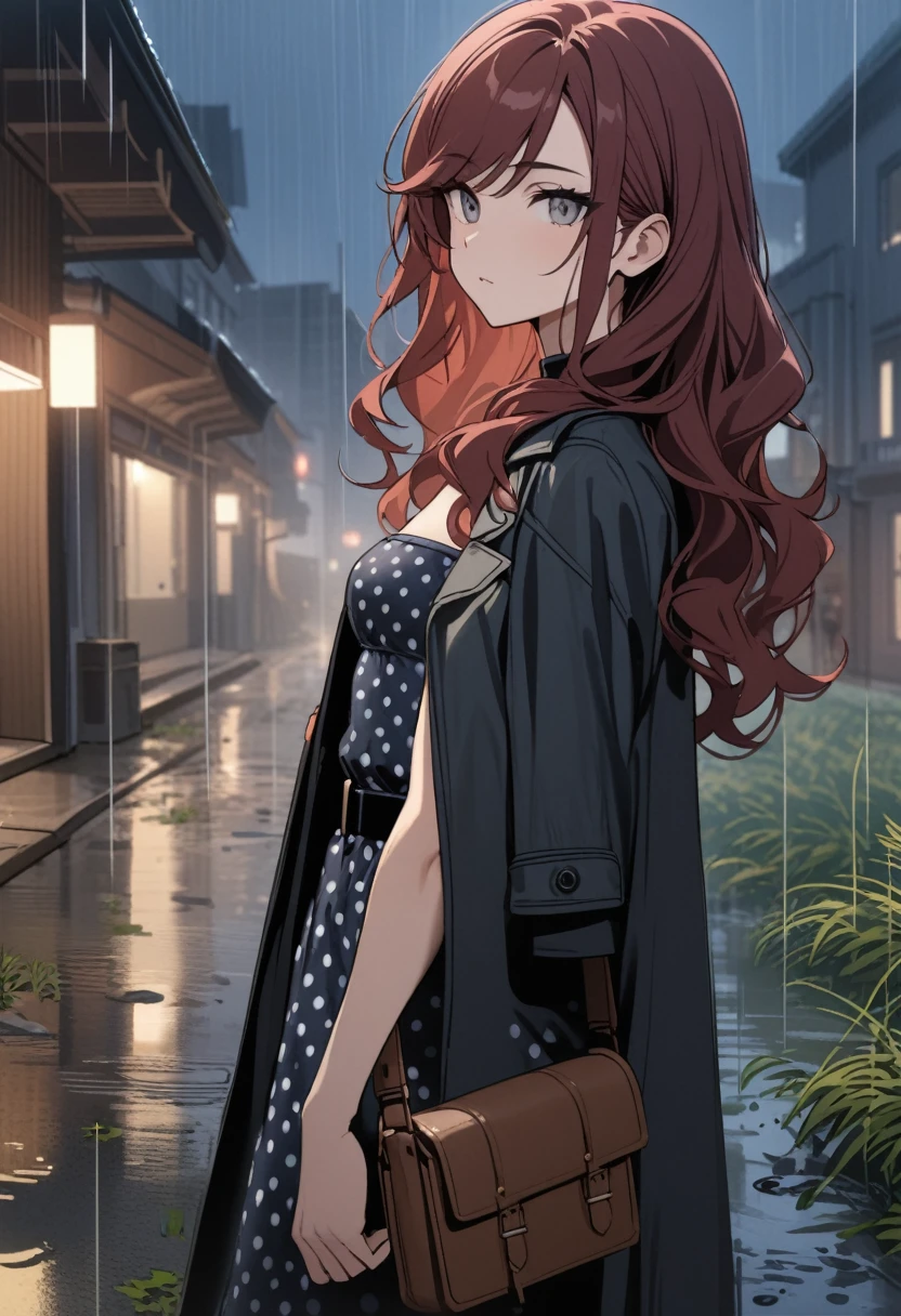 best quality, masterpiece, stoic,young woman, from side, head tilt, close up, Gray eyes, long wavy hair, dark red hair, swept bangs, toned arms, small breasts, strapless dark blue polka dot dress, black belt, black combat boots, outdoors, night, holding satchel, coat around shoulders, rain, puddles, willow trees, teal building, street, weeds,