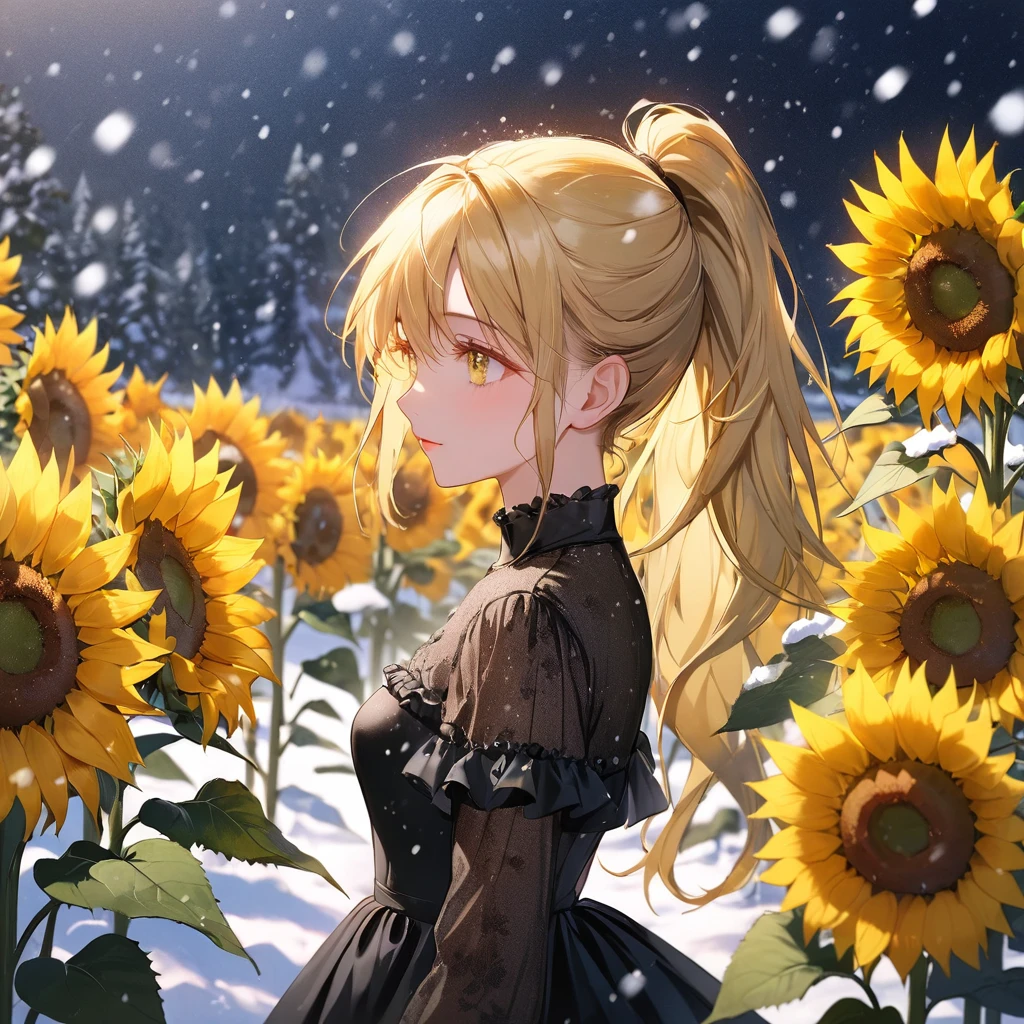 (​master piece),(top-quality:1.2),(perfect anatomy),((1 girl)),((solo)),exquisitedetails,Vibrant colors,(yellow and black dress, Beautiful frills:1.2),beautiful detailed eyes,blonde long hair,ponytail hair,small breasts,(snow and sunflowers),Standing in a park full of sunflowers,(many sunflowers bloom),(It's snowing:1.3),film lighting,(sideways glance),from side,wide shot,(fusion of summer and winter),(snow on the sunflowers)