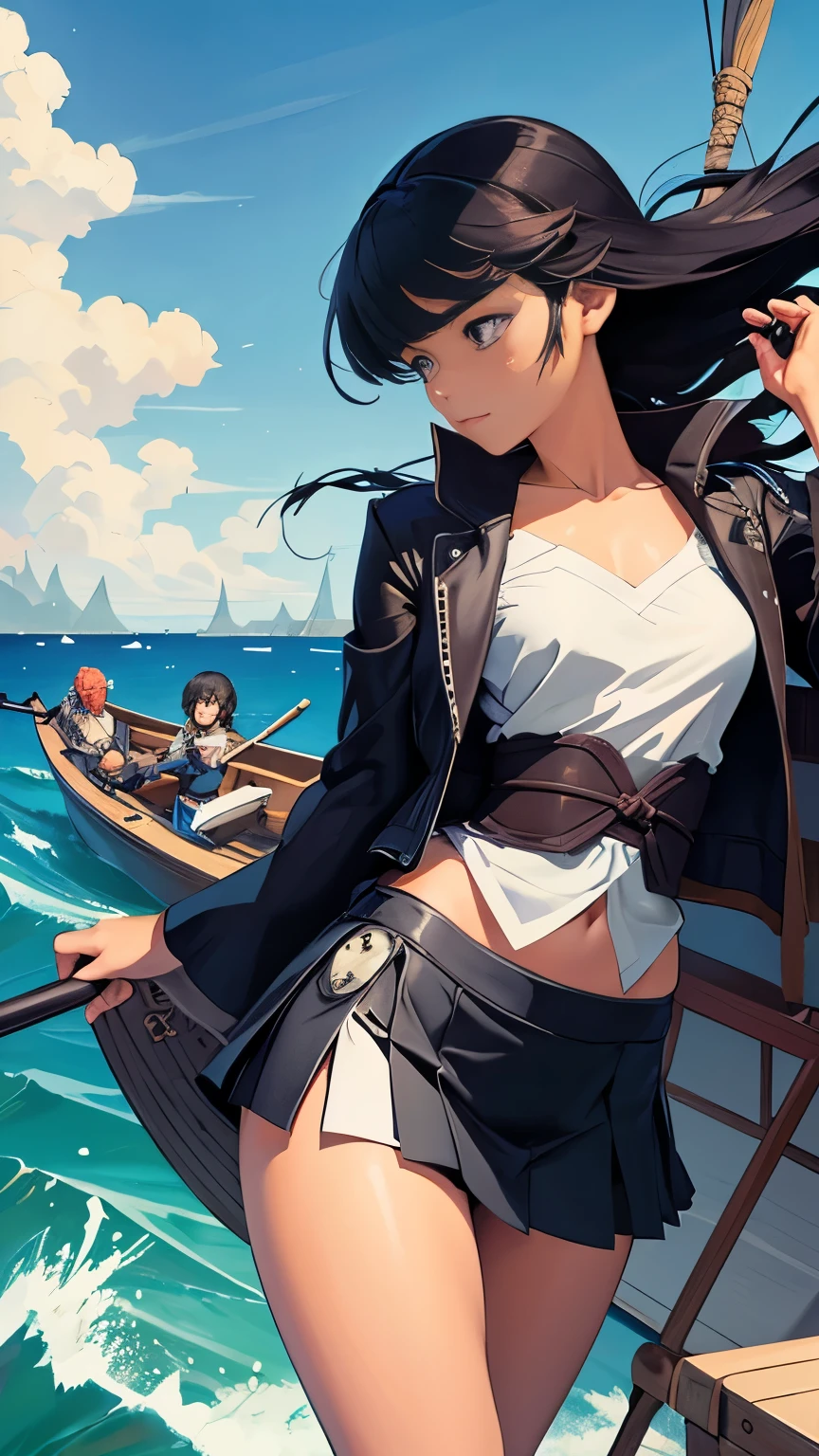 Rafael de Penagos, NekoshowguN, Arthur Rackham, Satomi Ichikawa, Tatsuro Kiuchi, Syd Mead, Surrealism, wonder, strange, fantastical, fantasy, Sci-fi, Japanese anime, a beautiful high school girl in a miniskirt who sails on a small boat in the ocean of books, perfect voluminous body, detailed masterpiece 