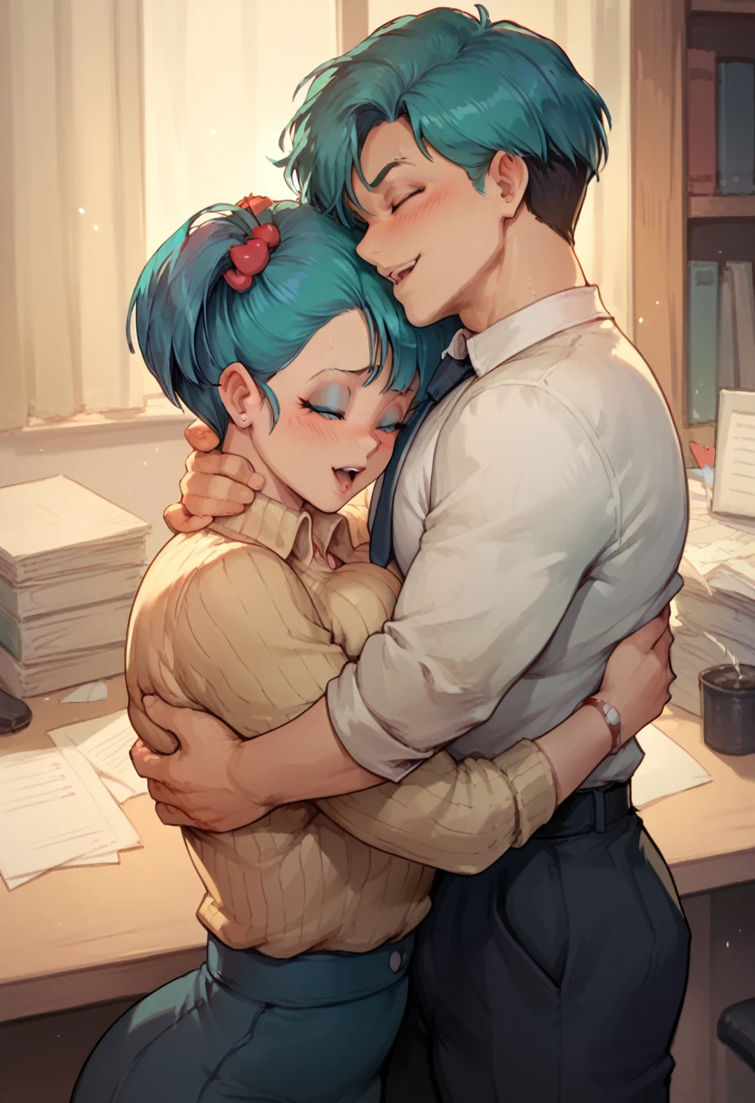 score_9, score_8_up, score_7_up, Bulma and Male Boss, boy hug Bulma, orgasm, in the office