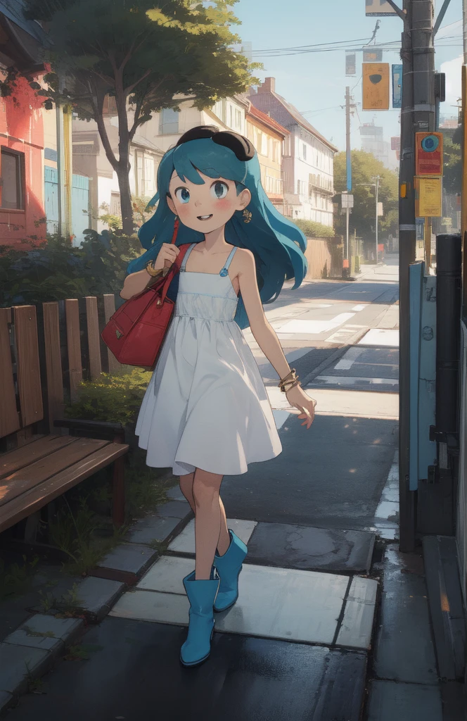 masterpiece, high quality, Hilda, long hair, blue hair, smile, dress, sundress, bag, bracelet,blue boots, full body, flat chest, walkside, outdoors