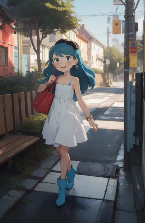 masterpiece, high quality, hilda, long hair, blue hair, smile, dress, sundress, bag, bracelet,blue boots, full body, flat chest,...