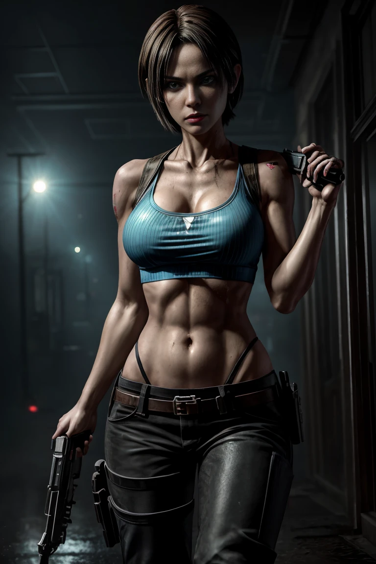 1girl, cowboy shot of zotovalentine,zombie apocalypse,perfect belly,slim waist,wide hips,holding a pistol,blue tank top,black pants, athletic,raccoon city,Resident Evil, Dead rising,rain, volumetric lighting, best quality, masterpiece, intricate details, tonemapping, sharp focus, hyper detailed, trending on Artstation, realistic,