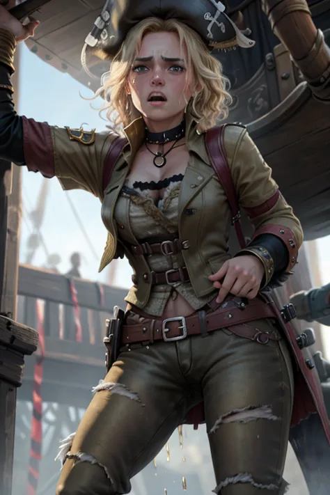 8k high resolution, best quality, dutch girl, 22 years old, short curly blonde hair, decent makeup, golden age of piracy, fancy ...