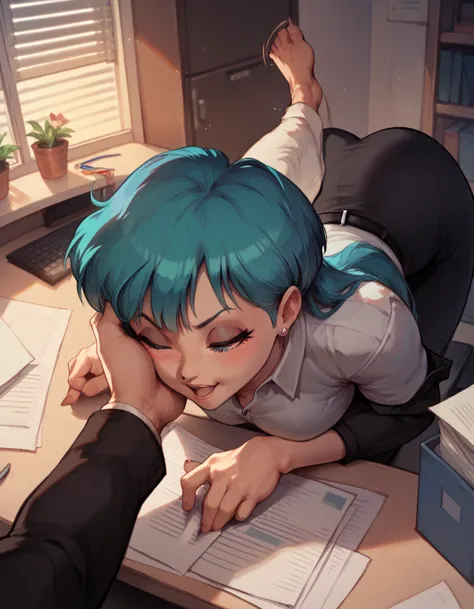 score_9, score_8_up, score_7_up, male boss and bulma, , in the office, fondling, petting,