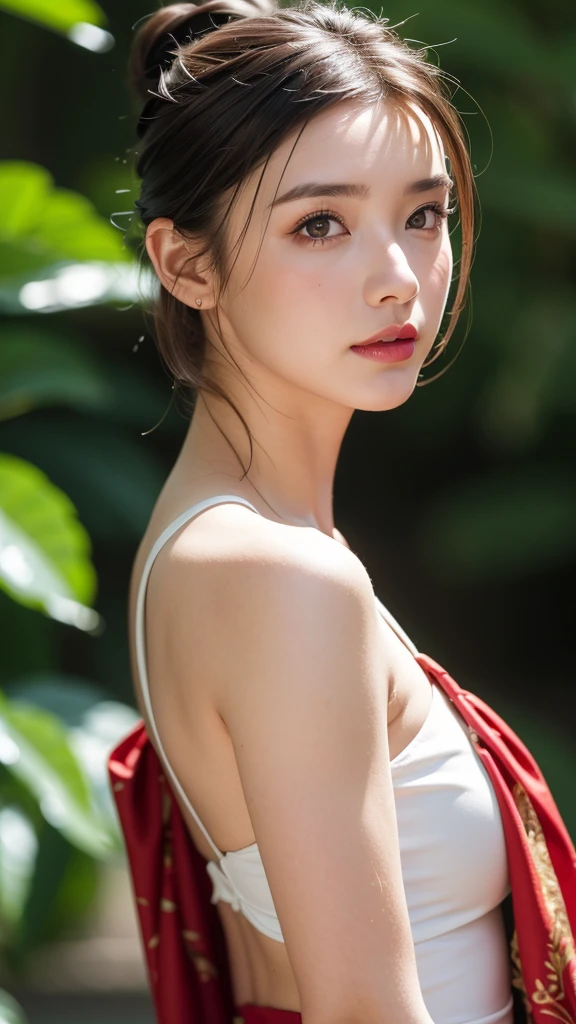 1girl, solo, blurry, leaf, looking_at_viewer, blurry_background, depth_of_field, red_lips, lips, black_hair, food, makeup, hair_bun, fruit, single_hair_bun, closed_mouth, realistic, bare_shoulders, brown_hair, plant, day, nose, sunlight, water_drop