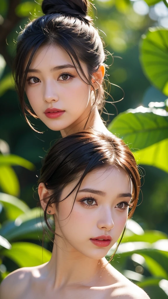 1girl, solo, blurry, leaf, looking_at_viewer, blurry_background, depth_of_field, red_lips, lips, black_hair, food, makeup, hair_bun, fruit, single_hair_bun, closed_mouth, realistic, bare_shoulders, brown_hair, plant, day, nose, sunlight, water_drop