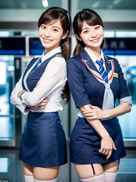 (a close-up photo of two japanese flight-attendants), (cabin-crew), 20-years-old, (standing closely), (in the airport), (both sm...