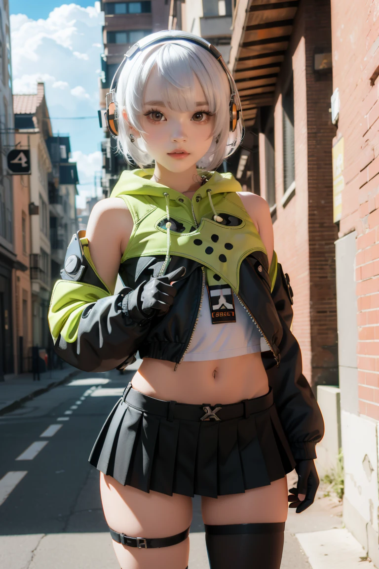 anbydemara, anby demara, (orange eyes:1.5), short hair, white hair,
BREAK bare shoulders, black gloves, black skirt, black thighhighs, fingerless gloves, gloves, green jacket, headphones, jacket, navel, skirt, stomach, thighhighs,
BREAK outdoors, city, sky, clouds, sun, buildings, crowd, people, alley,
BREAK looking at viewer, (cowboy shot:1.5),
BREAK (masterpiece:1.2), best quality, high resolution, unity 8k wallpaper, (illustration:0.8), (beautiful detailed eyes:1.6), extremely detailed face, perfect lighting, extremely detailed CG, (perfect hands, perfect anatomy),