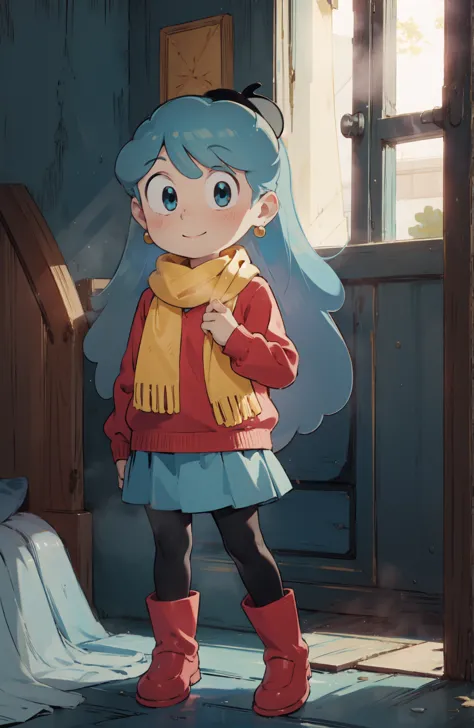 masterpiece, high quality, hilda, long hair, blue hair, smile, long hair, light blue hair, yellow scarf, red sweater, blue skirt...