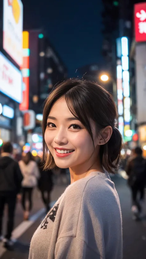 1 girl, tokyo street,night, streetscape,city lights,upper body,close,smile,, (8k, raw photos, highest quality, masterpiece:1.2),...