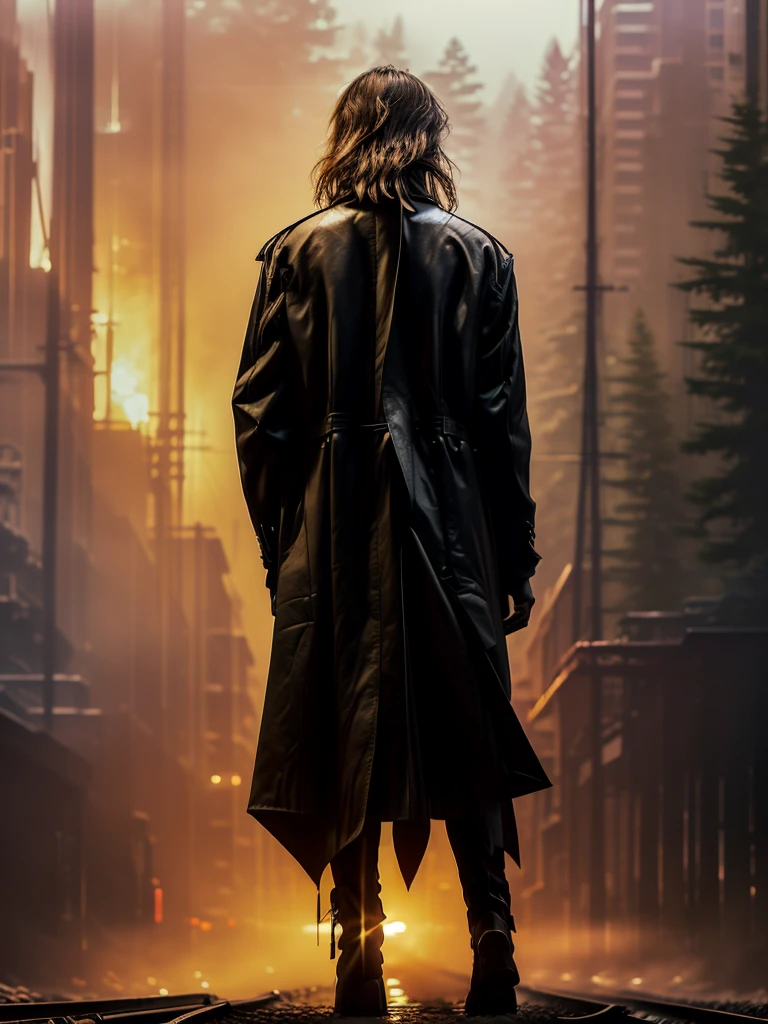 Epic photo, hyper realistic, Sunset, silhouette of (man, 188 cm tall, walking, dressed in a long overcoat, Texan boots, Gibson Les Paul Standard electric guitar hanging on his back), walk along the train tracks, trees in the background, photo for image of a disk, name of the album: "It allows me a feeling?"