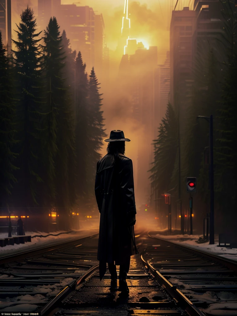 Epic photo, hyper realistic, Sunset, silhouette of (man, 188 cm tall, walking, dressed in a long overcoat, Texan boots, Gibson Les Paul Standard electric guitar hanging on his back), walk along the train tracks, trees in the background, photo for image of a disk, name of the album: "It allows me a feeling?"