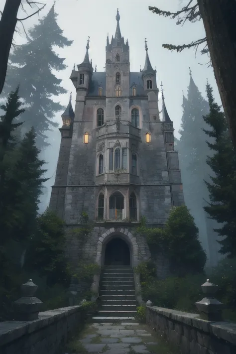 old one castle，made of stone，lower floor，in the forest，night，creepy，like dark soul