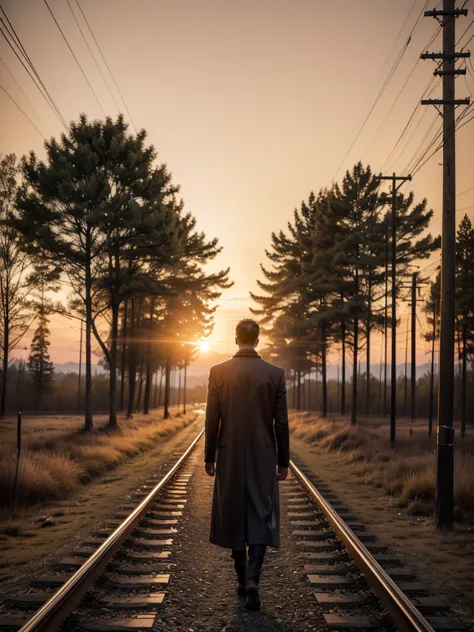 epic photo, hyper realistic, sunset, orange tones lighting, silhouette of (man, 188 cm tall, walking, dressed in a long overcoat...