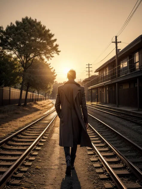 epic photo, hyper realistic, sunset, orange tones lighting, silhouette of (man, 188 cm tall, walking, dressed in a long overcoat...