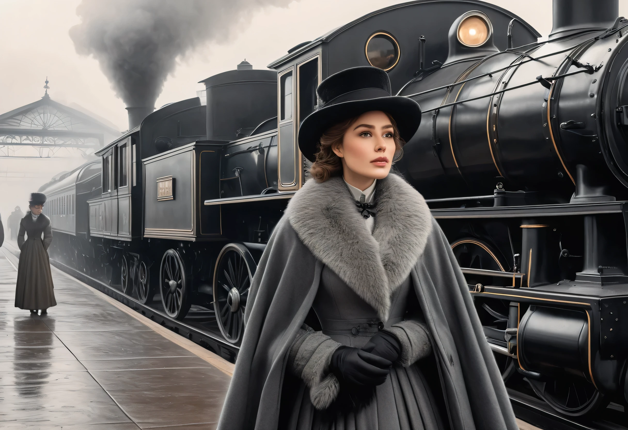 cake, black pencil haching, Charcoal drawing, toned paper, Drawing pencil,
A historical scene set in a foggy train station. foreground, on camera, Anna Karenina, dressed in elegant 19th century winter attire, including a fur cover, ha, if you play (((motion display mode, In front of the locomotive: 1.5))) under the locomotive. The train emits steam, creating a dramatic and nostalgic atmosphere. Ao fundo, details of the railway station with an industrial structure, vintage feel.