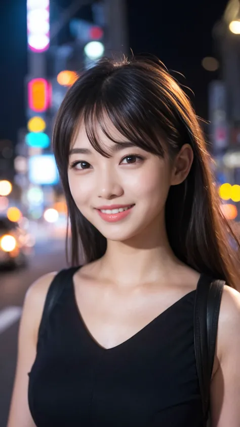 1 girl, tokyo street,night, streetscape,city lights,upper body,close,smile,, (8k, raw photos, highest quality, masterpiece:1.2),...